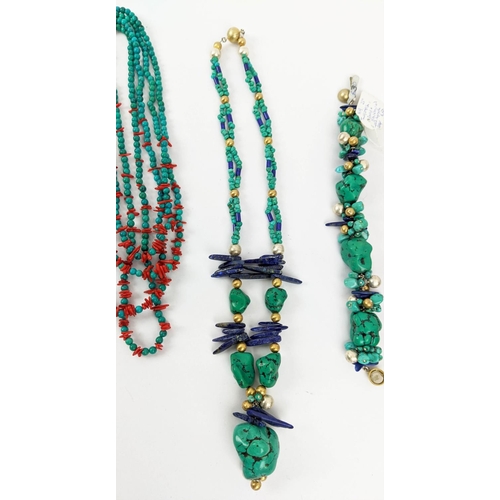 7 - A COLLECTION OF TURQUOISE JEWELLERY, comprising a turquoise nugget and lapis lazuli shard necklace a... 