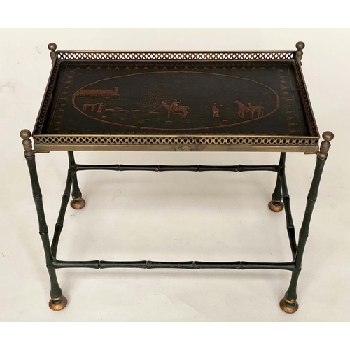 105 - LAMP TABLE, Regency style green lacquered and brass galleried with Chinese style painted panelled tr... 