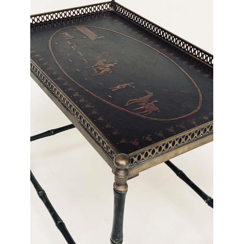 105 - LAMP TABLE, Regency style green lacquered and brass galleried with Chinese style painted panelled tr... 