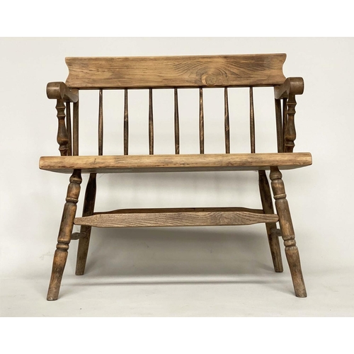 111 - ELBOW BENCH, rustic pine and ash with spindle back, 86cm W x 84cm H.