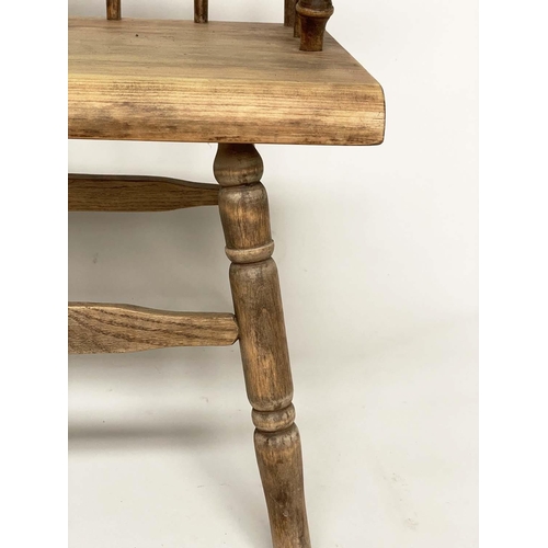 111 - ELBOW BENCH, rustic pine and ash with spindle back, 86cm W x 84cm H.