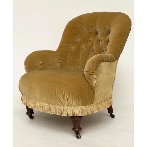 113 - ARMCHAIR, Victorian walnut with yellow velvet upholstery, buttoned back and arms and turned supports... 