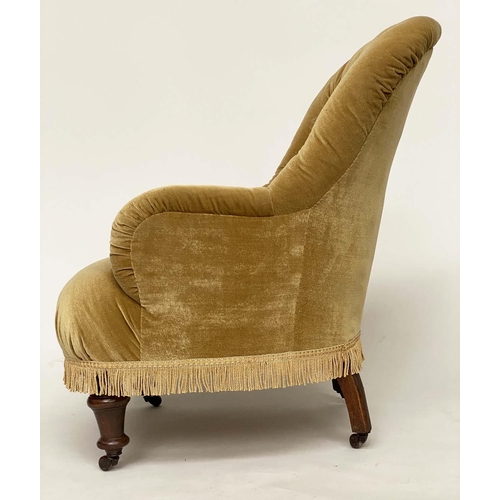 113 - ARMCHAIR, Victorian walnut with yellow velvet upholstery, buttoned back and arms and turned supports... 