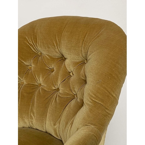 113 - ARMCHAIR, Victorian walnut with yellow velvet upholstery, buttoned back and arms and turned supports... 