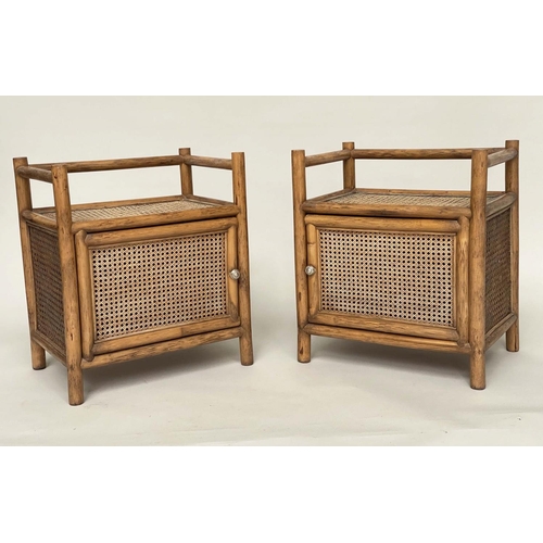 114 - LAMP TABLES, a pair, bamboo framed, wicker panelled and cane bound each with door and gallery, 33cm ... 