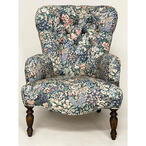 120 - LIBERTY ARMCHAIR, Victorian style with 'Liberty' printed cotton upholstery, 62cm W.