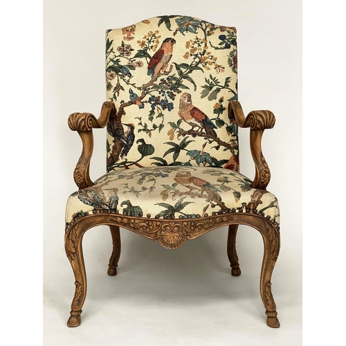 92 - FAUTEUIL, Louis XV style carved walnut with bird print studded linen upholstery, 69cm W.
