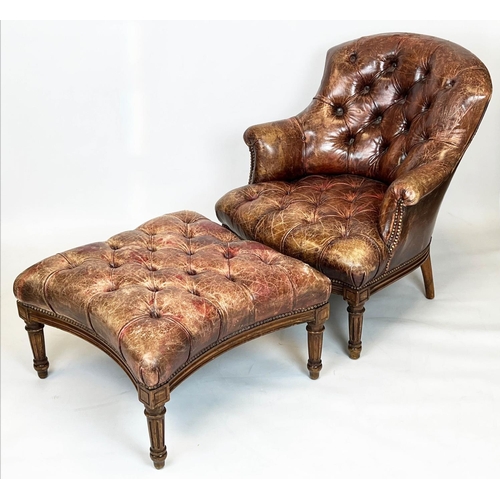 137 - LIBRARY ARMCHAIR AND STOOL, late 19th/early 20th century, buttoned and studded brown leather, armcha... 