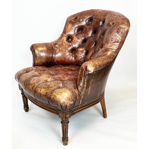 137 - LIBRARY ARMCHAIR AND STOOL, late 19th/early 20th century, buttoned and studded brown leather, armcha... 