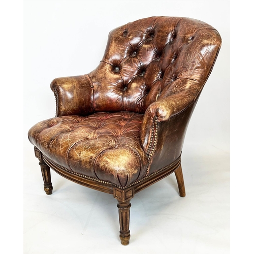 137 - LIBRARY ARMCHAIR AND STOOL, late 19th/early 20th century, buttoned and studded brown leather, armcha... 