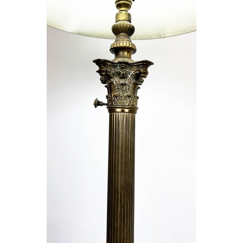 139 - COLUMN FLOOR LAMPS, a near pair, Victorian brass of Corinthian column design raised on paw feet with... 