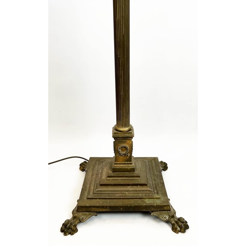 139 - COLUMN FLOOR LAMPS, a near pair, Victorian brass of Corinthian column design raised on paw feet with... 