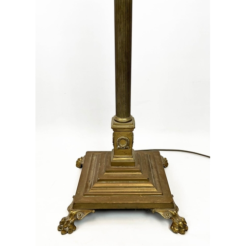 139 - COLUMN FLOOR LAMPS, a near pair, Victorian brass of Corinthian column design raised on paw feet with... 