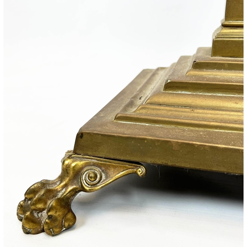 139 - COLUMN FLOOR LAMPS, a near pair, Victorian brass of Corinthian column design raised on paw feet with... 