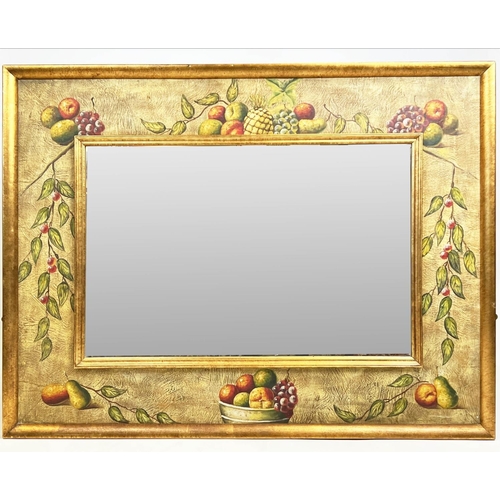 141 - WALL MIRROR, Continental fruit design painted frame with a rectangular bevelled plate, 134cm x 104cm... 