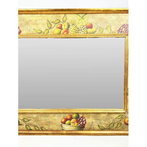 141 - WALL MIRROR, Continental fruit design painted frame with a rectangular bevelled plate, 134cm x 104cm... 