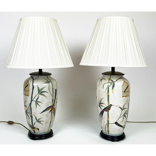 142 - TABLE LAMPS, a pair, Chinese ceramic decorated with birds and bamboo, with shades, 71cm H. (2)