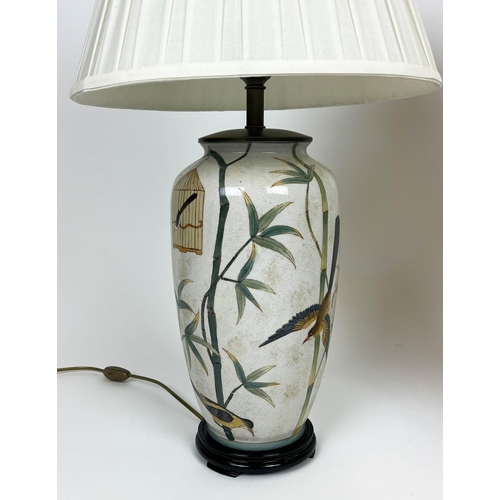 142 - TABLE LAMPS, a pair, Chinese ceramic decorated with birds and bamboo, with shades, 71cm H. (2)