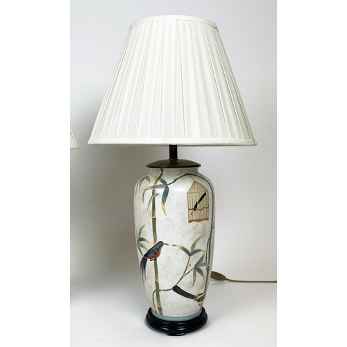 142 - TABLE LAMPS, a pair, Chinese ceramic decorated with birds and bamboo, with shades, 71cm H. (2)