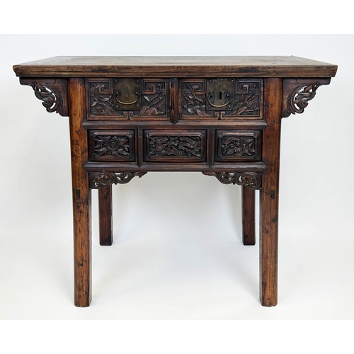 143 - ALTAR TABLE, 19th century Chinese elm, profusely carved front with two frieze drawers, 88cm H x 101c... 