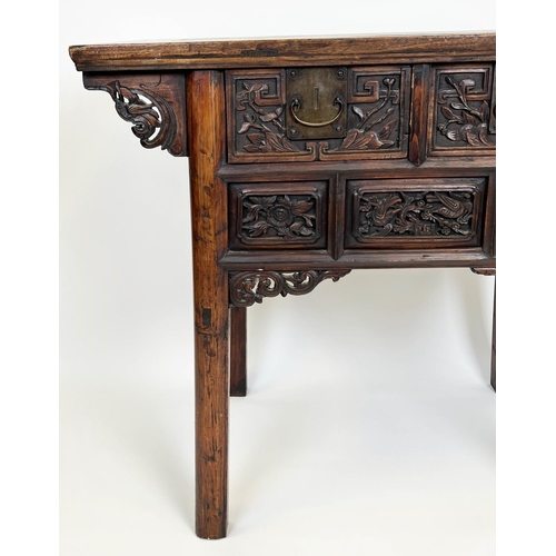 143 - ALTAR TABLE, 19th century Chinese elm, profusely carved front with two frieze drawers, 88cm H x 101c... 