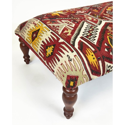 145 - KILIM FOOTSTOOL, Anatolian kilim upholstered with turned supports, 30cm H x 113cm x 62cm.