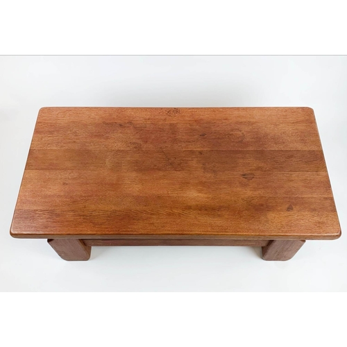 147 - MODERNIST LOW TABLE, 129cm x 65cm x 49cm H, 1960's oak with stretchered base.