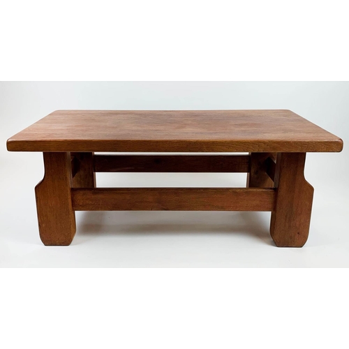 147 - MODERNIST LOW TABLE, 129cm x 65cm x 49cm H, 1960's oak with stretchered base.