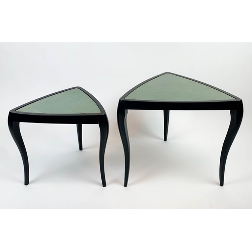 148 - TRIANGULAR NESTING SIDE TABLES, a set of two, 1950's Italian ebonised with turquoise leather tops, l... 