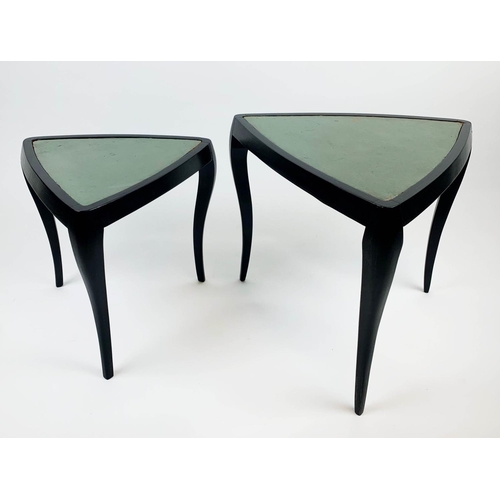 148 - TRIANGULAR NESTING SIDE TABLES, a set of two, 1950's Italian ebonised with turquoise leather tops, l... 