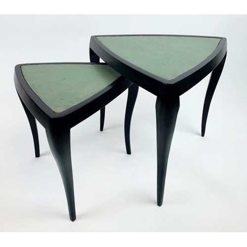 148 - TRIANGULAR NESTING SIDE TABLES, a set of two, 1950's Italian ebonised with turquoise leather tops, l... 