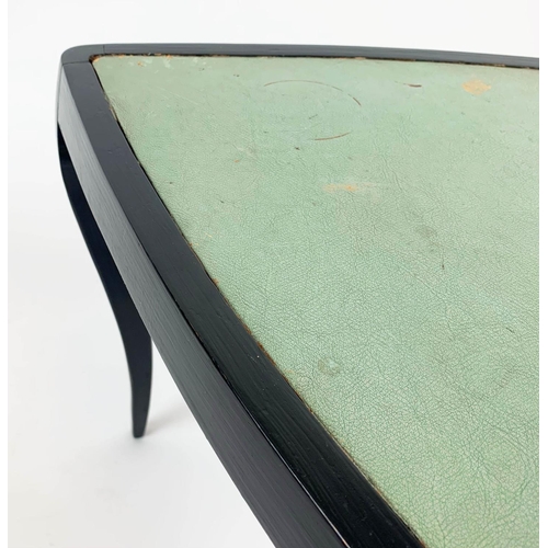 148 - TRIANGULAR NESTING SIDE TABLES, a set of two, 1950's Italian ebonised with turquoise leather tops, l... 