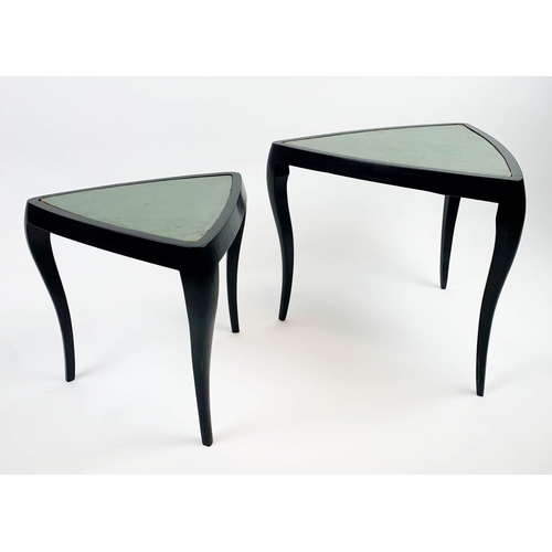 148 - TRIANGULAR NESTING SIDE TABLES, a set of two, 1950's Italian ebonised with turquoise leather tops, l... 