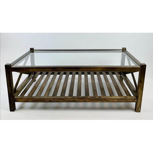 149 - LOW TABLE, 120cm x 70cm x 45cm H, 1970's French brass with slatted under tier shelf.