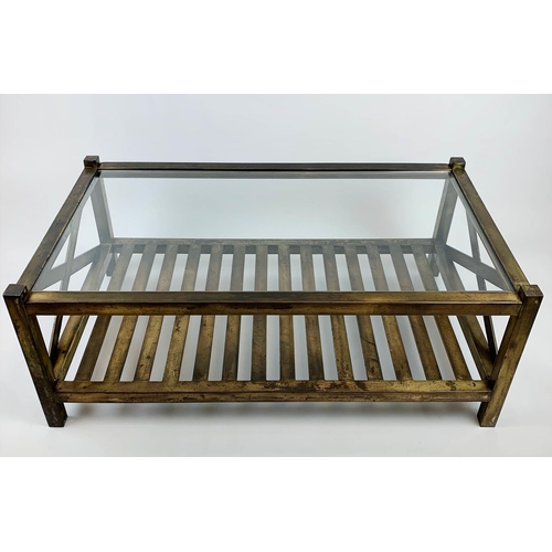 149 - LOW TABLE, 120cm x 70cm x 45cm H, 1970's French brass with slatted under tier shelf.