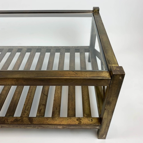 149 - LOW TABLE, 120cm x 70cm x 45cm H, 1970's French brass with slatted under tier shelf.