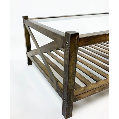 149 - LOW TABLE, 120cm x 70cm x 45cm H, 1970's French brass with slatted under tier shelf.