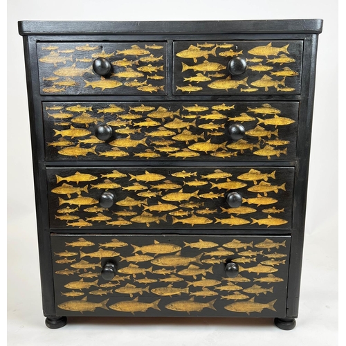 150 - FISH CHEST, 113cm H x 100cm x 48cm, Victorian black painted and later decoupage decorated of five dr... 