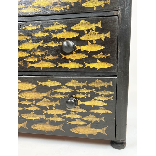 150 - FISH CHEST, 113cm H x 100cm x 48cm, Victorian black painted and later decoupage decorated of five dr... 