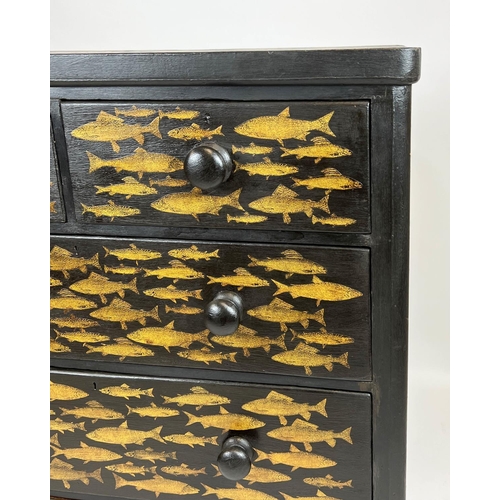 150 - FISH CHEST, 113cm H x 100cm x 48cm, Victorian black painted and later decoupage decorated of five dr... 