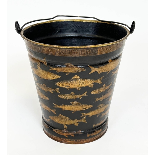 151 - FISH BUCKET, 33cm H x 33cm, black painted metal and decoupage decorated.