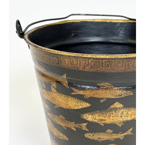 151 - FISH BUCKET, 33cm H x 33cm, black painted metal and decoupage decorated.