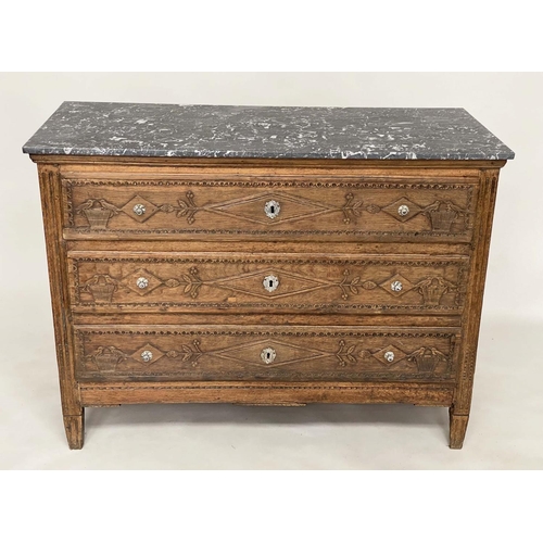 152 - COMMODE, 18th century French provincial Louis XVI oak with St Annes variegated grey marble top above... 