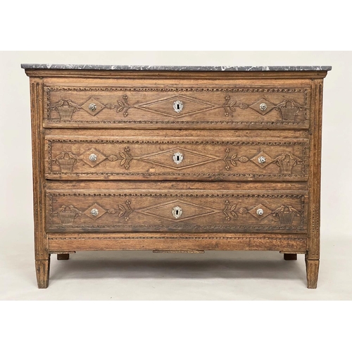 152 - COMMODE, 18th century French provincial Louis XVI oak with St Annes variegated grey marble top above... 