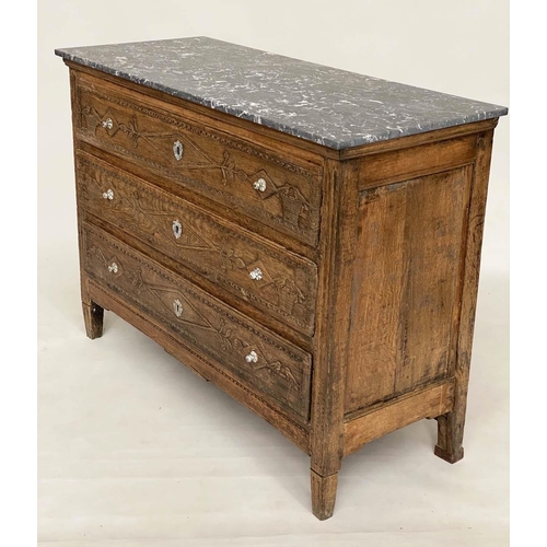 152 - COMMODE, 18th century French provincial Louis XVI oak with St Annes variegated grey marble top above... 