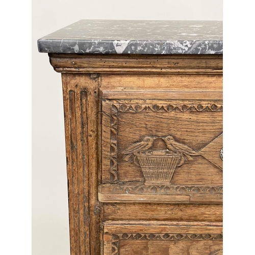 152 - COMMODE, 18th century French provincial Louis XVI oak with St Annes variegated grey marble top above... 