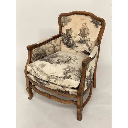 153 - BERGERE, French walnut framed with studded toile du jouy upholstery, 65cm W.