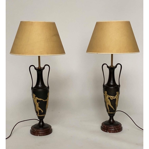 155 - TABLE LAMPS, 19th century French, a pair, bronze and ormolu turned handled classical vase. (2)