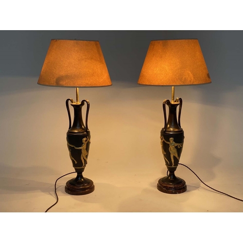 155 - TABLE LAMPS, 19th century French, a pair, bronze and ormolu turned handled classical vase. (2)