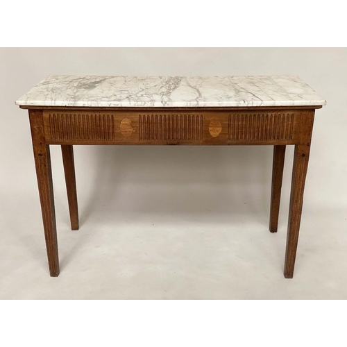 156 - CONSOLE TABLE, 18th century Italian walnut with arabiscata marble top fluted frieze and tapering flu... 